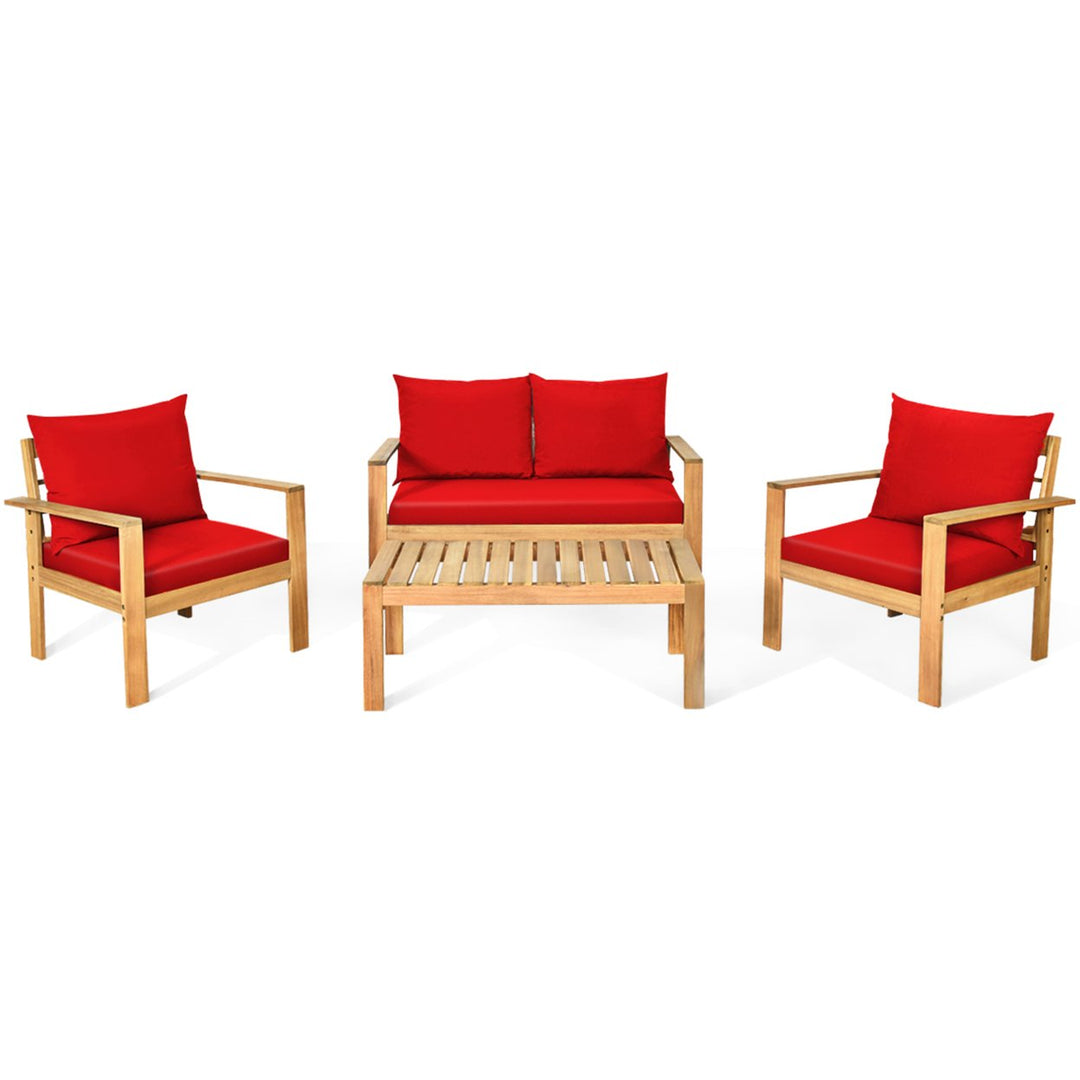 4PCS Patio Acacia Wood Conversation Furniture Set w/ Red Cushions Image 7