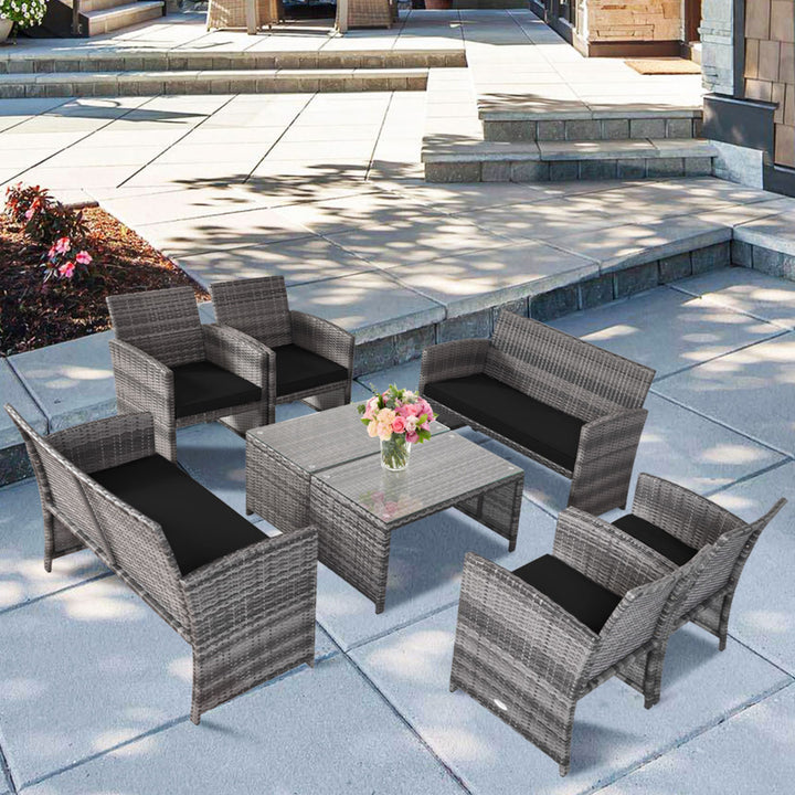 8PCS Patio Outdoor Rattan Conversation Furniture Set w/ Black Cushion Image 1