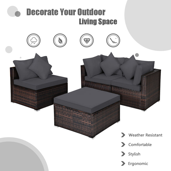 4PCS Rattan Patio Conversation Furniture Set Yard Outdoor w/ Grey Cushion Image 5