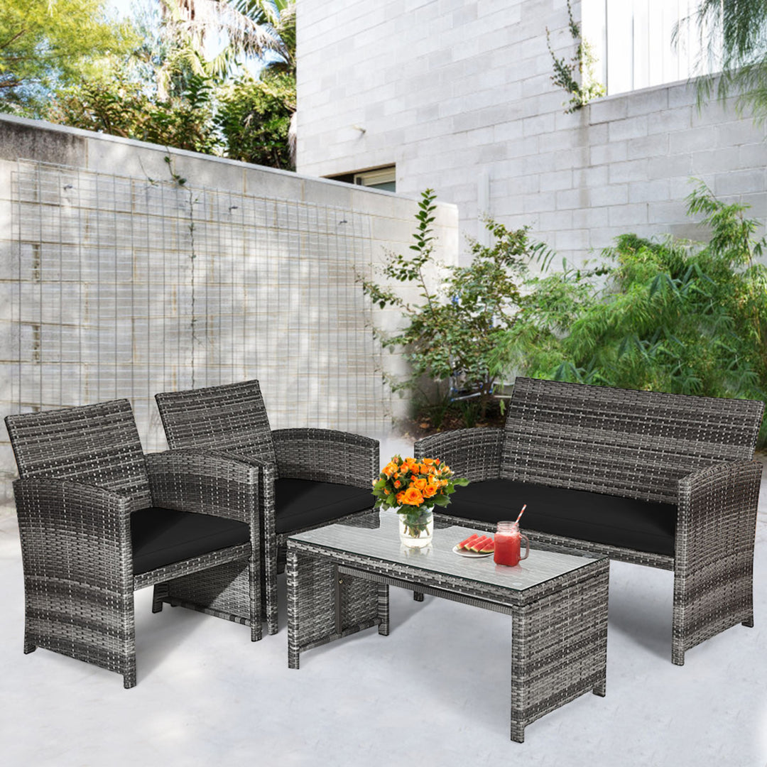 8PCS Patio Outdoor Rattan Conversation Furniture Set w/ Black Cushion Image 3