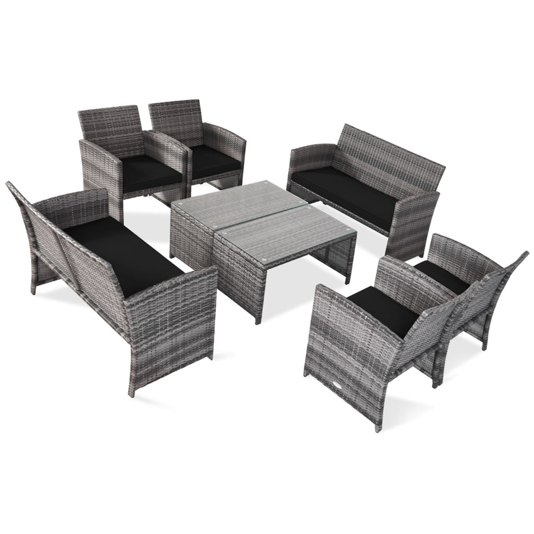 8PCS Patio Outdoor Rattan Conversation Furniture Set w/ Black Cushion Image 2