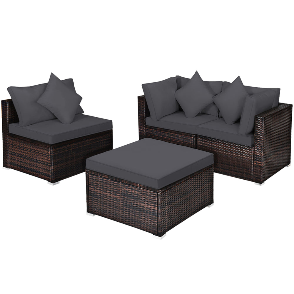 4PCS Rattan Patio Conversation Furniture Set Yard Outdoor w/ Grey Cushion Image 2