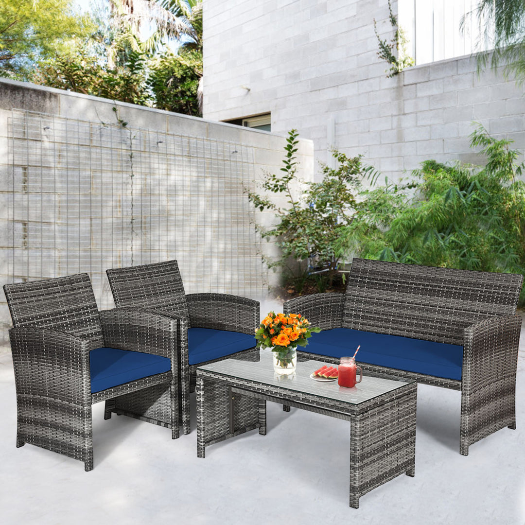 8PCS Patio Outdoor Rattan Conversation Furniture Set w/ Navy Cushion Image 3