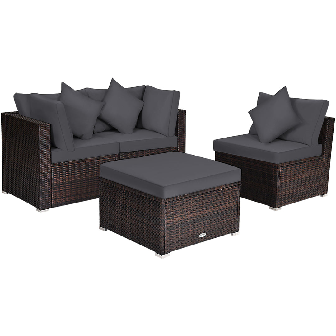 4PCS Rattan Patio Conversation Furniture Set Yard Outdoor w/ Grey Cushion Image 10