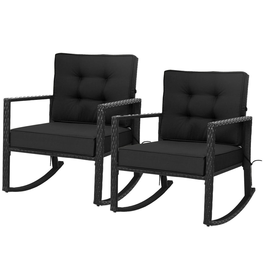 2PCS Outdoor Wicker Rocking Chair Patio Rattan Single Chair Glider w/ Black Cushion Image 1