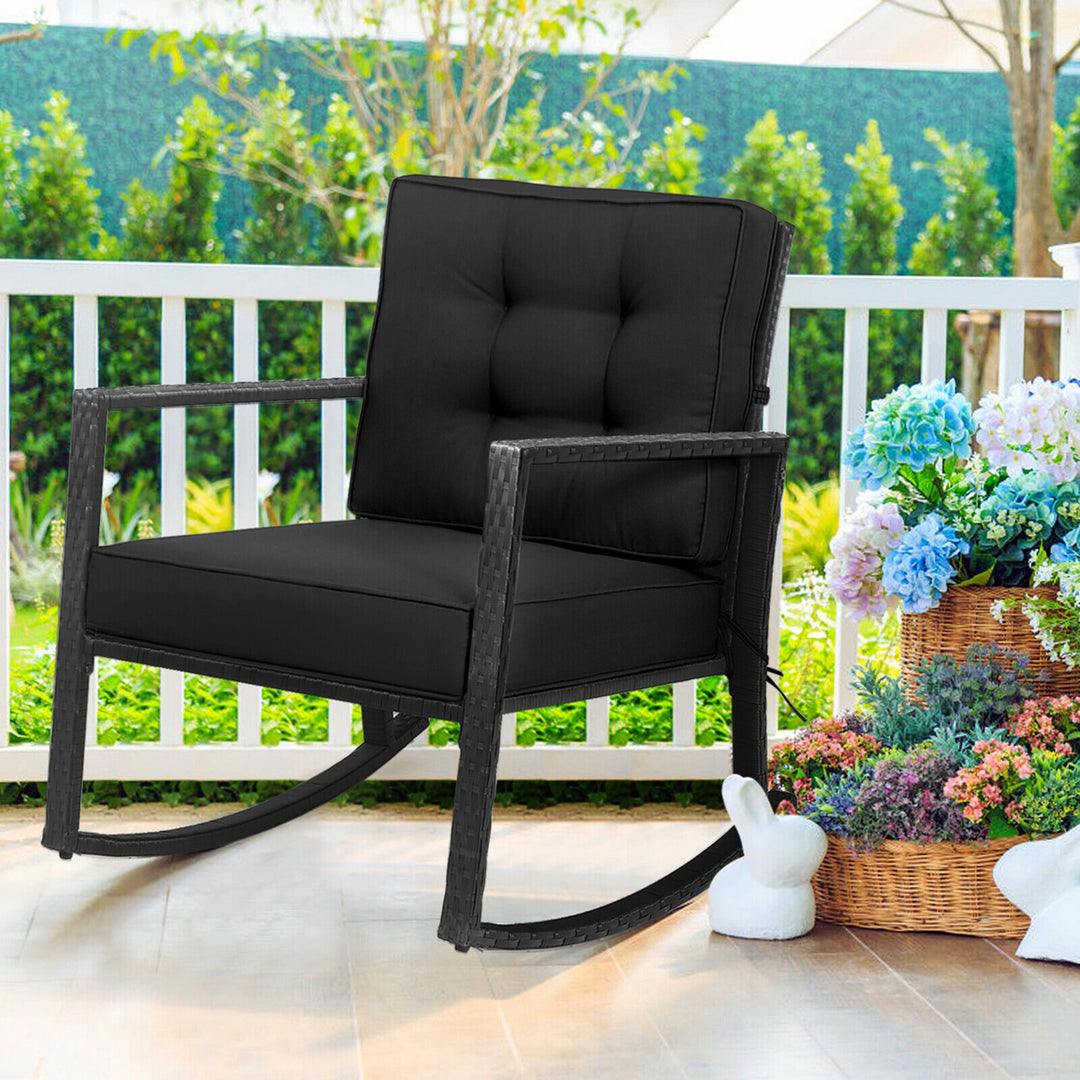 2PCS Outdoor Wicker Rocking Chair Patio Rattan Single Chair Glider w/ Black Cushion Image 3