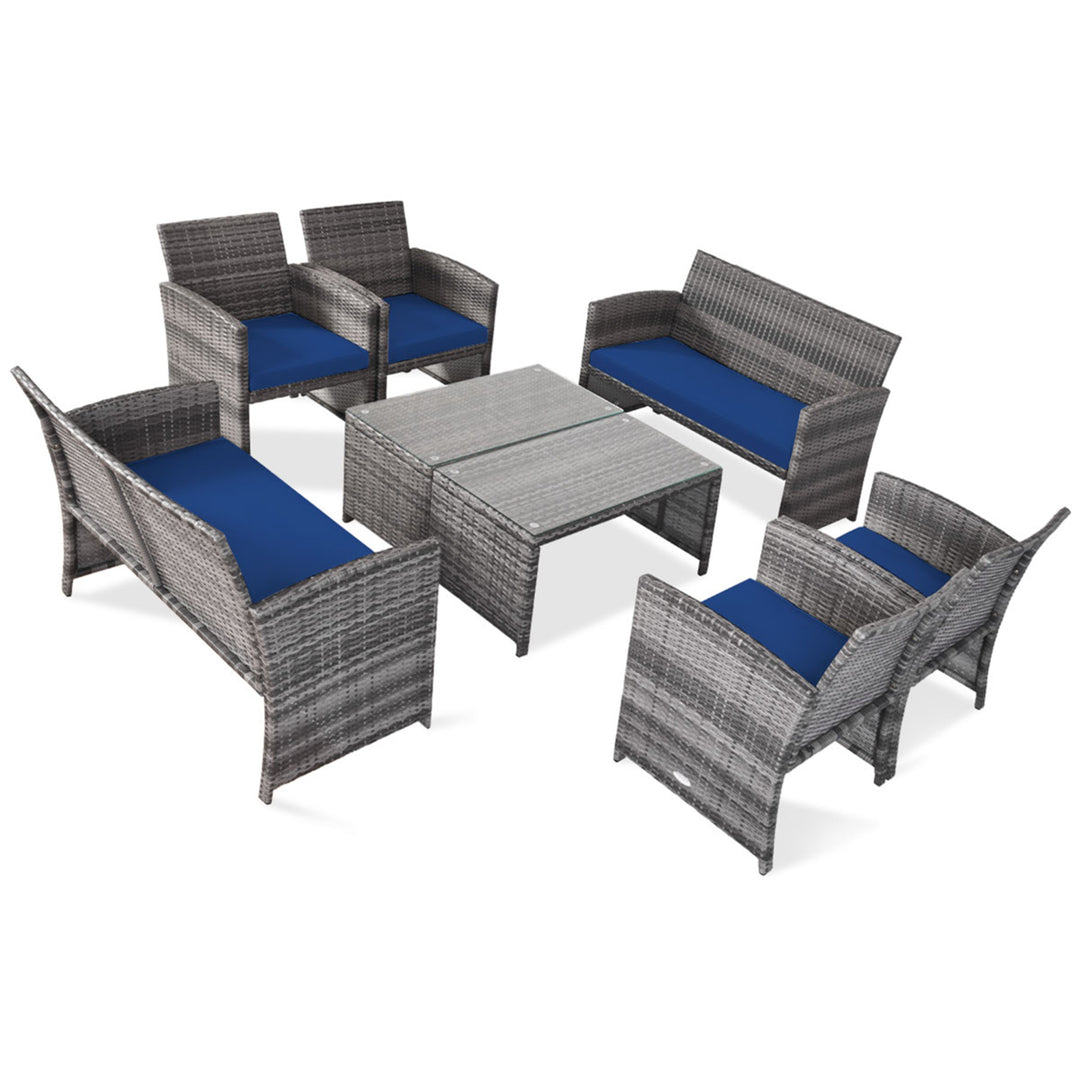 8PCS Patio Outdoor Rattan Conversation Furniture Set w/ Navy Cushion Image 2