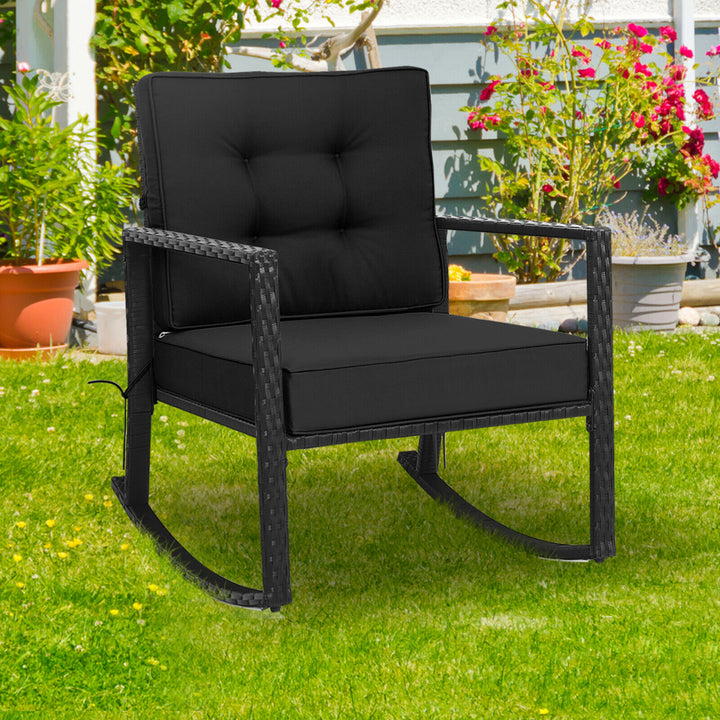 2PCS Outdoor Wicker Rocking Chair Patio Rattan Single Chair Glider w/ Black Cushion Image 4