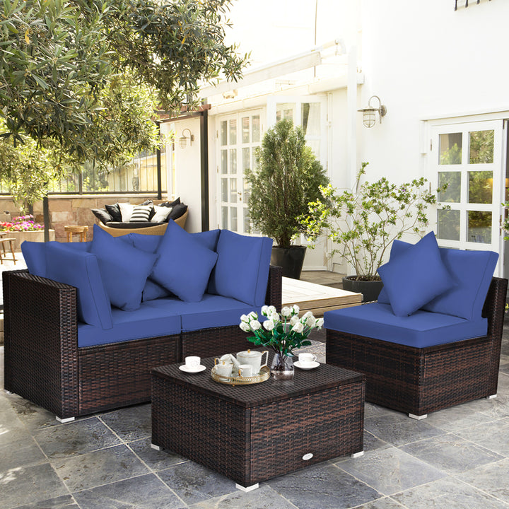 4PCS Rattan Patio Conversation Furniture Set Yard Outdoor w/ Navy Cushion Image 1