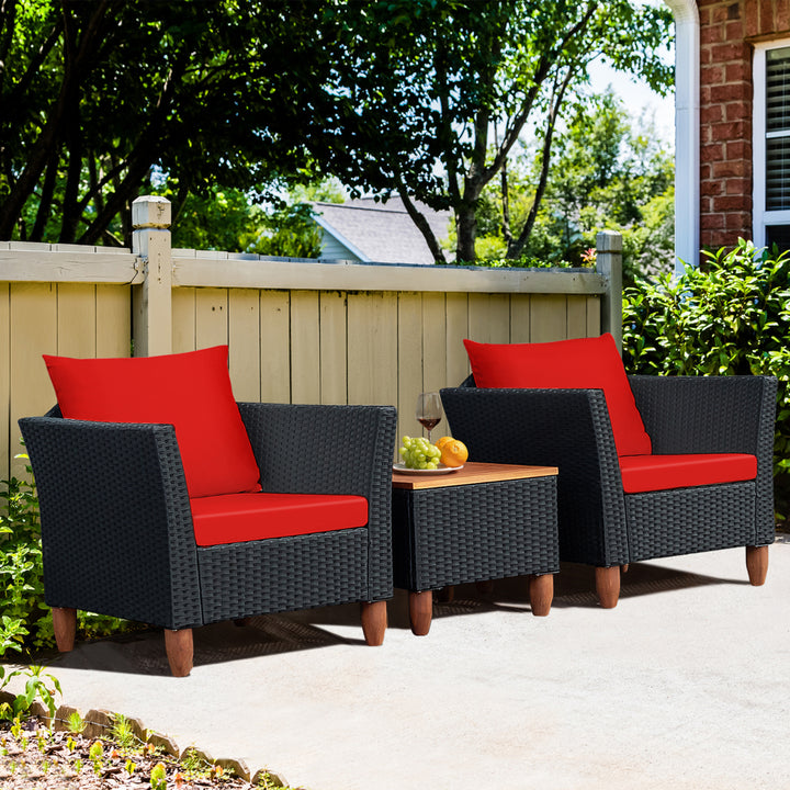 3PCS Patio Rattan Conversation Furniture Set Yard Outdoor w/ Red Cushions Image 4