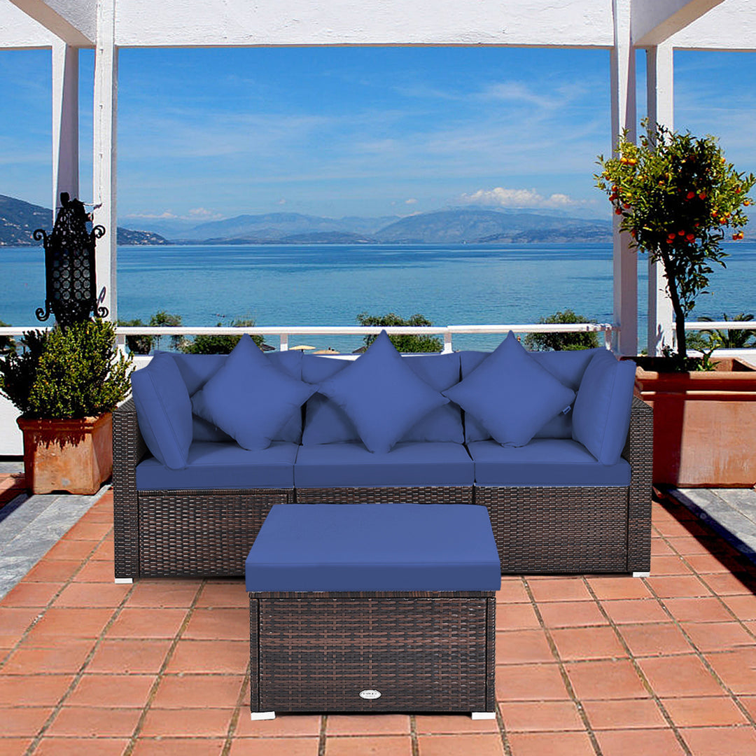 4PCS Rattan Patio Conversation Furniture Set Yard Outdoor w/ Navy Cushion Image 3