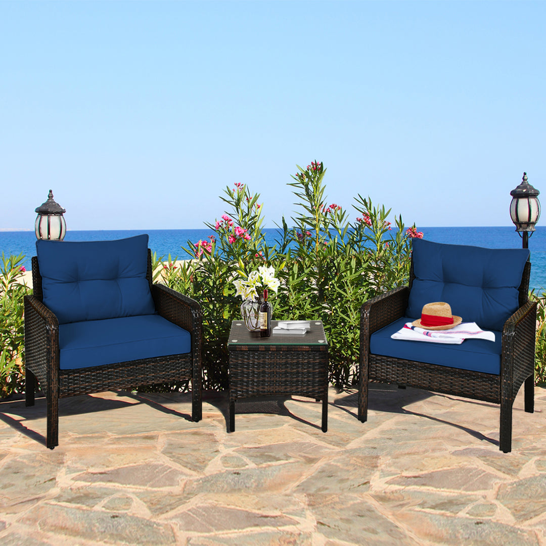 3PCS Rattan Patio Conversation Furniture Set Yard Outdoor w/ Navy Cushions Image 1