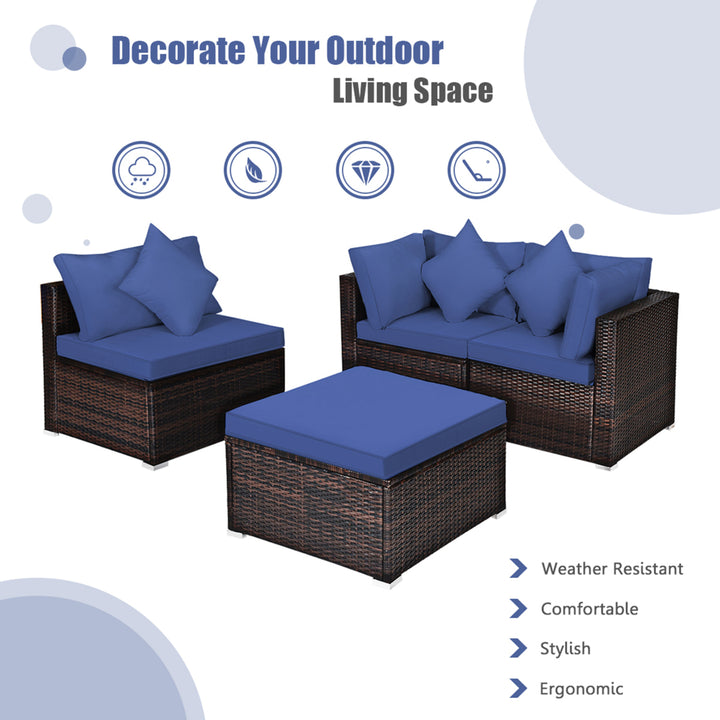 4PCS Rattan Patio Conversation Furniture Set Yard Outdoor w/ Navy Cushion Image 5