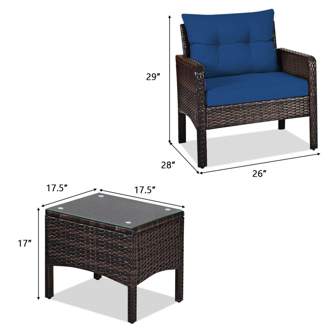 3PCS Rattan Patio Conversation Furniture Set Yard Outdoor w/ Navy Cushions Image 3