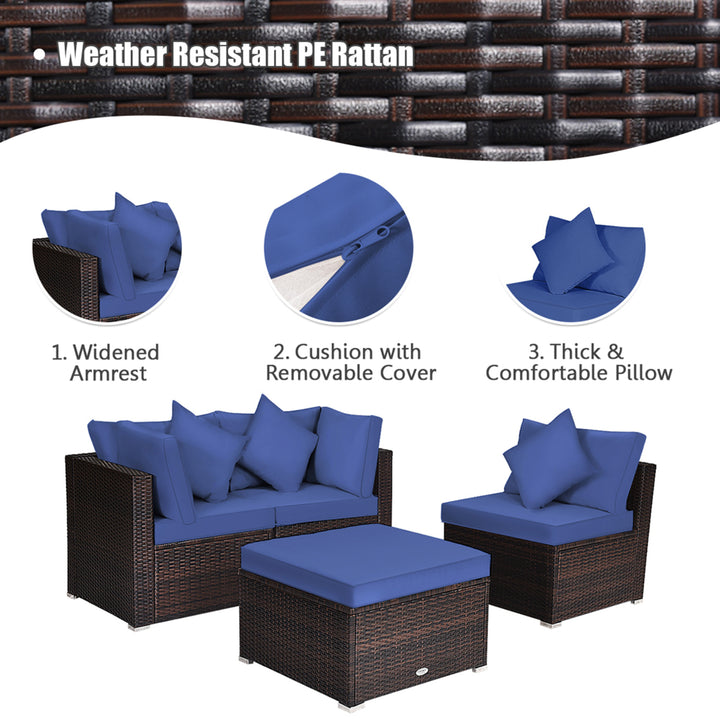 4PCS Rattan Patio Conversation Furniture Set Yard Outdoor w/ Navy Cushion Image 7