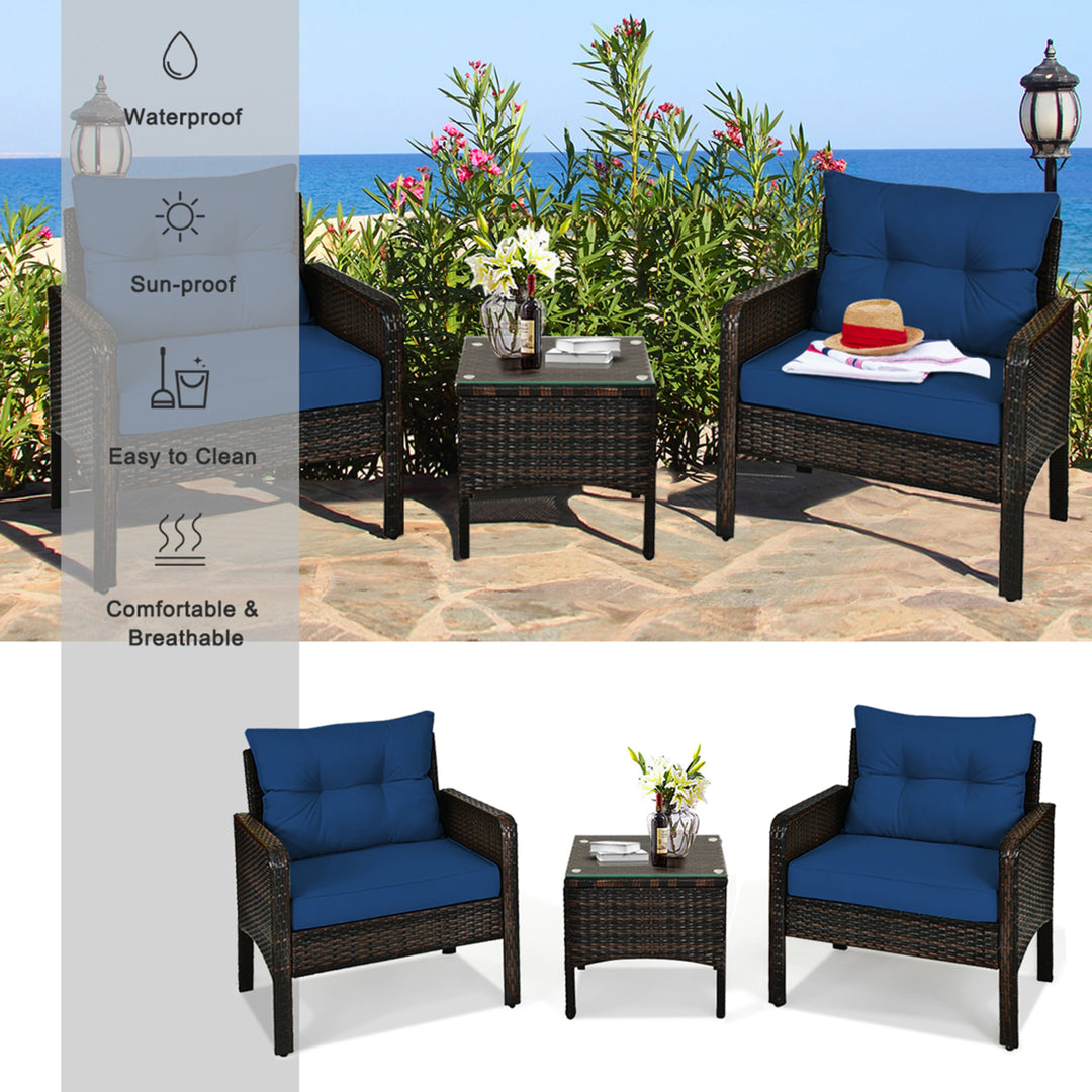 3PCS Rattan Patio Conversation Furniture Set Yard Outdoor w/ Navy Cushions Image 4