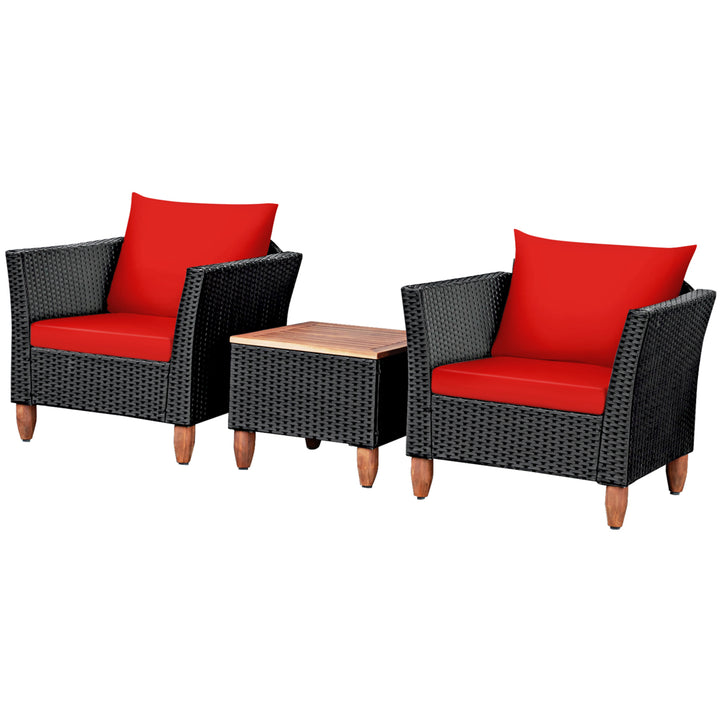 3PCS Patio Rattan Conversation Furniture Set Yard Outdoor w/ Red Cushions Image 10