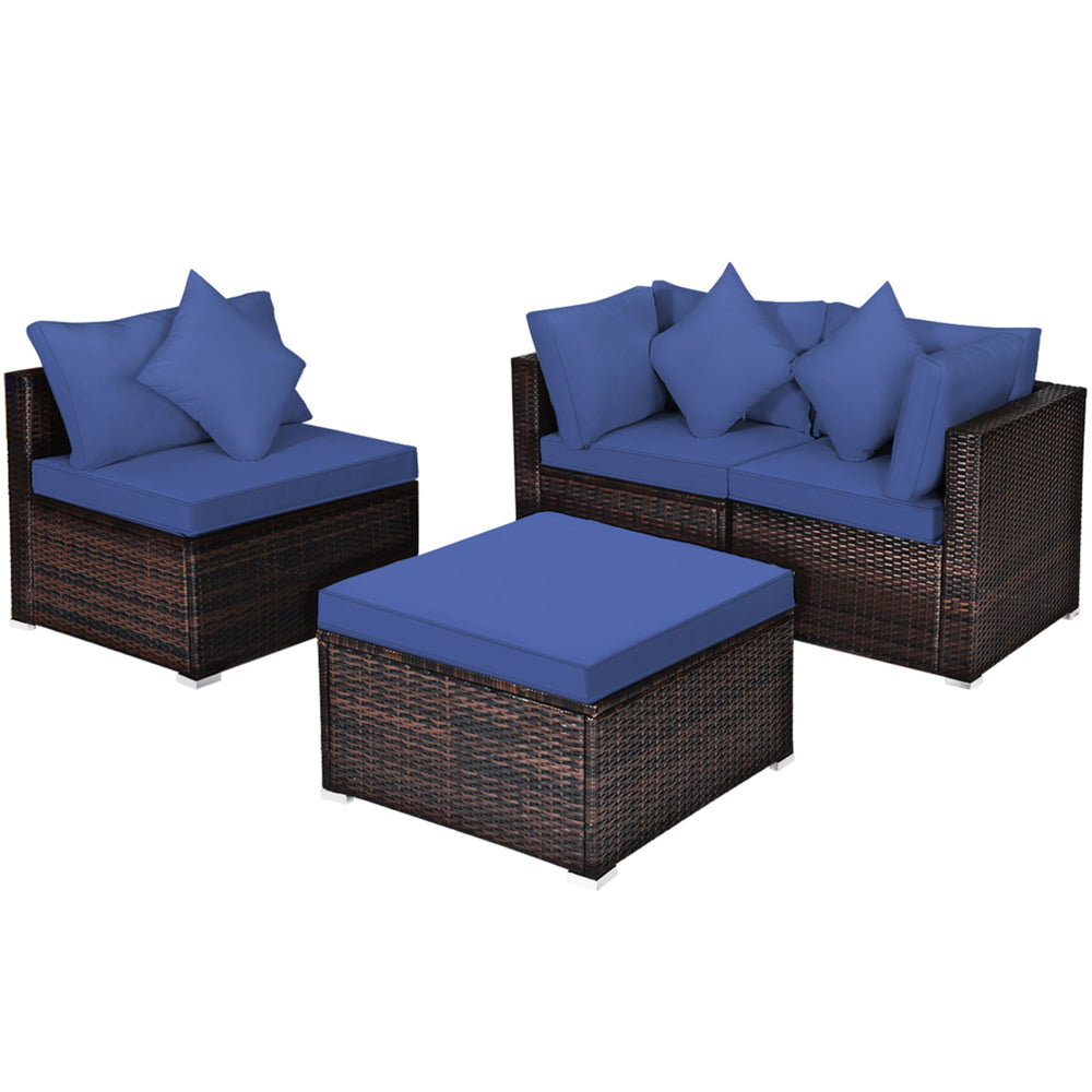 4PCS Rattan Patio Conversation Furniture Set Yard Outdoor w/ Navy Cushion Image 2