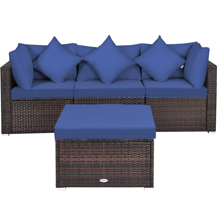 4PCS Rattan Patio Conversation Furniture Set Yard Outdoor w/ Navy Cushion Image 10