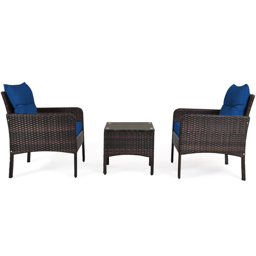 3PCS Rattan Patio Conversation Furniture Set Yard Outdoor w/ Navy Cushions Image 9