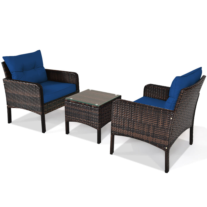 3PCS Rattan Patio Conversation Furniture Set Yard Outdoor w/ Navy Cushions Image 10