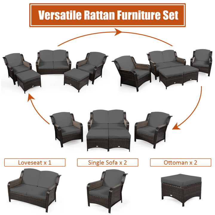 5PCS Rattan Patio Conversation Sofa Furniture Set Outdoor w/ Grey Cushions Image 3