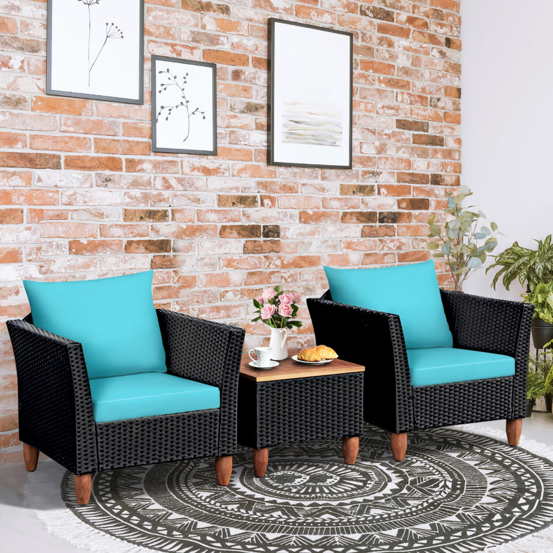 3PCS Patio Rattan Conversation Furniture Set Yard Outdoor w/ Turquoise Cushions Image 1