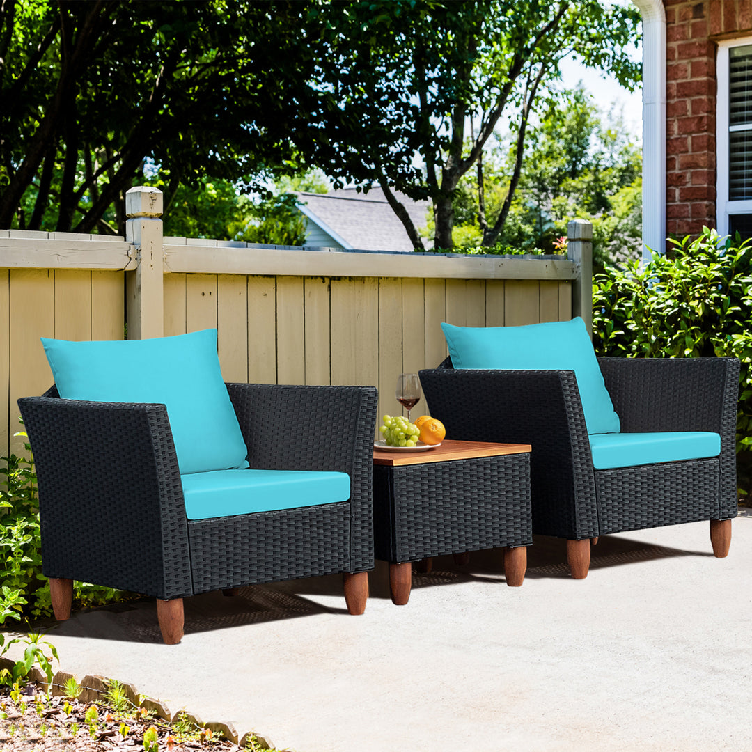 3PCS Patio Rattan Conversation Furniture Set Yard Outdoor w/ Turquoise Cushions Image 3