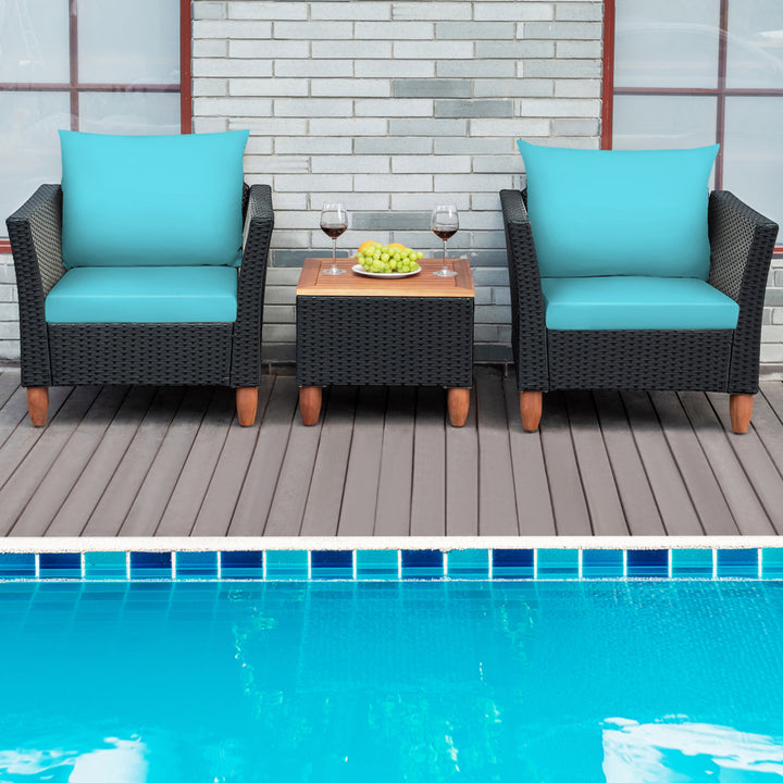 3PCS Patio Rattan Conversation Furniture Set Yard Outdoor w/ Turquoise Cushions Image 4