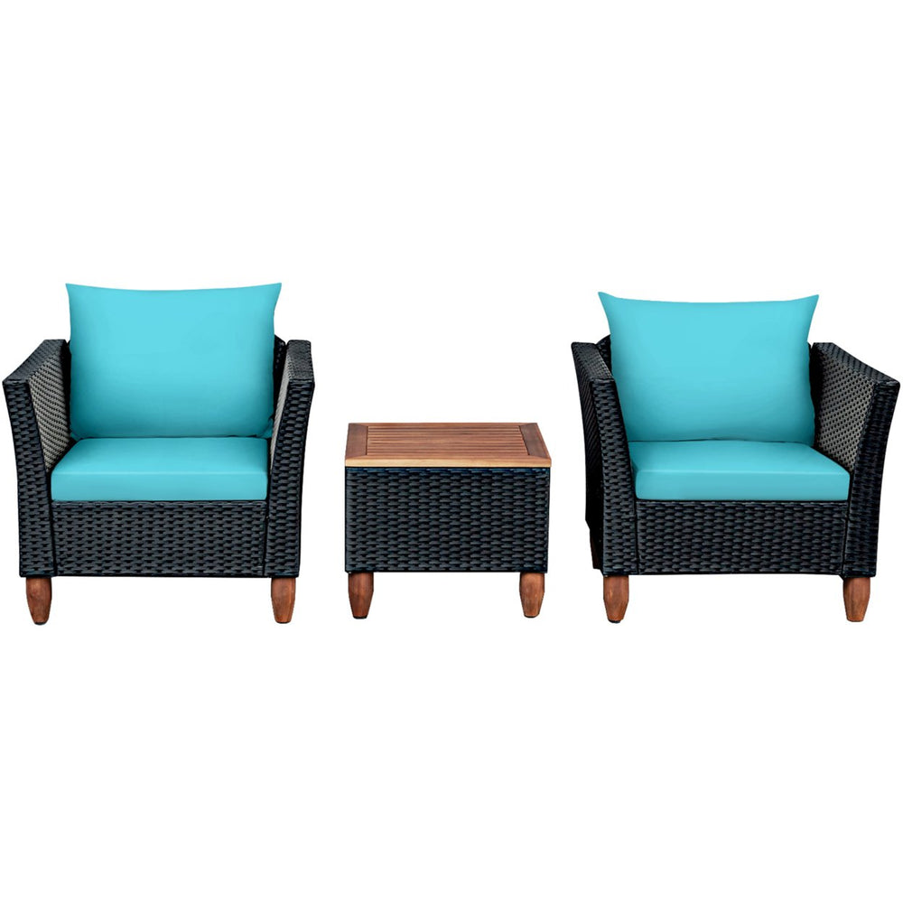 3PCS Patio Rattan Conversation Furniture Set Yard Outdoor w/ Turquoise Cushions Image 2