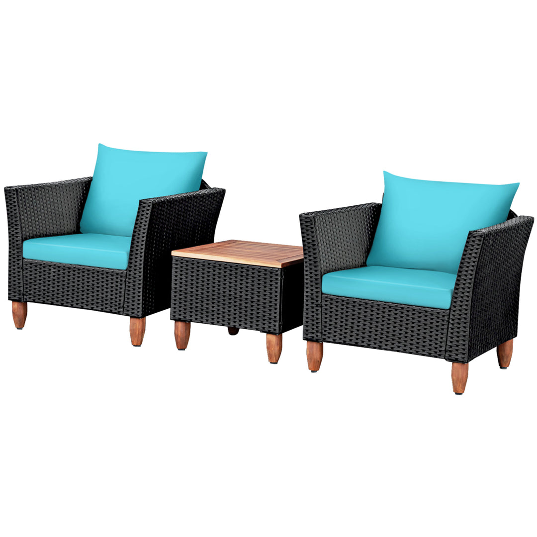 3PCS Patio Rattan Conversation Furniture Set Yard Outdoor w/ Turquoise Cushions Image 10