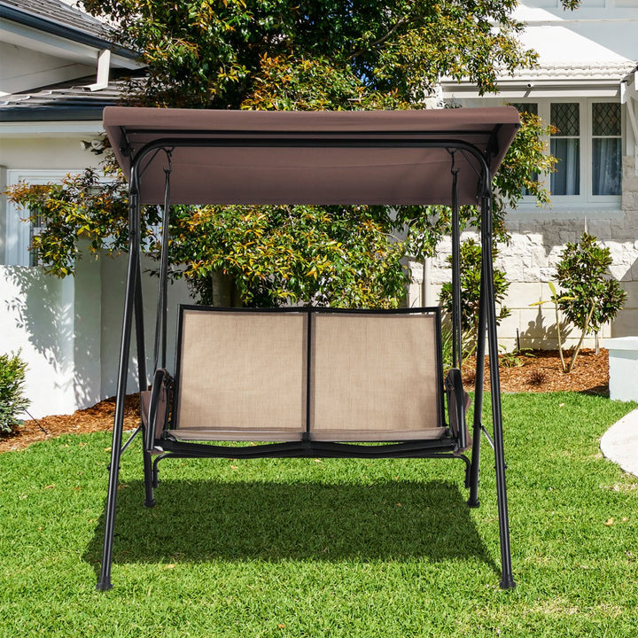 2 Seat Patio Porch Swing with Adjustable Canopy Storage Pockets Brown Image 1