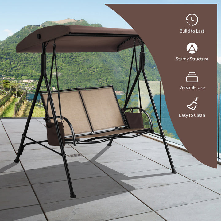 2 Seat Patio Porch Swing with Adjustable Canopy Storage Pockets Brown Image 5