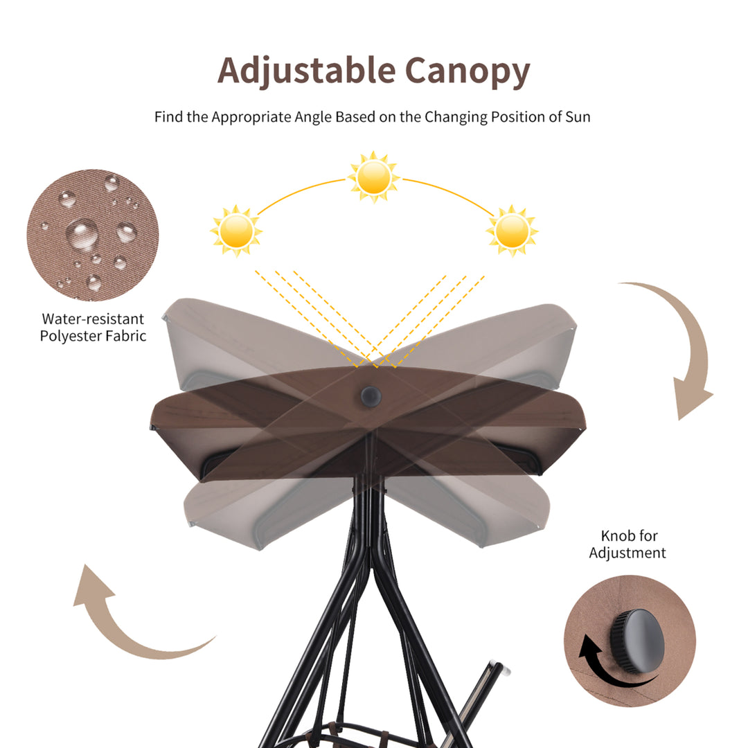 2 Seat Patio Porch Swing with Adjustable Canopy Storage Pockets Brown Image 8