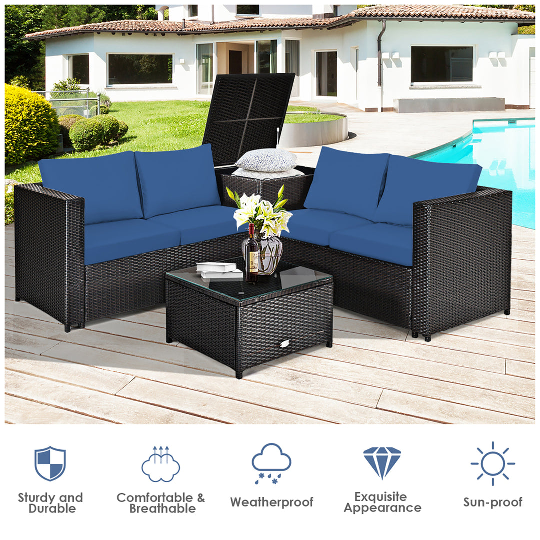 4PCS Patio Rattan Furniture Set Cushioned Loveseat Storage Table Navy Image 5