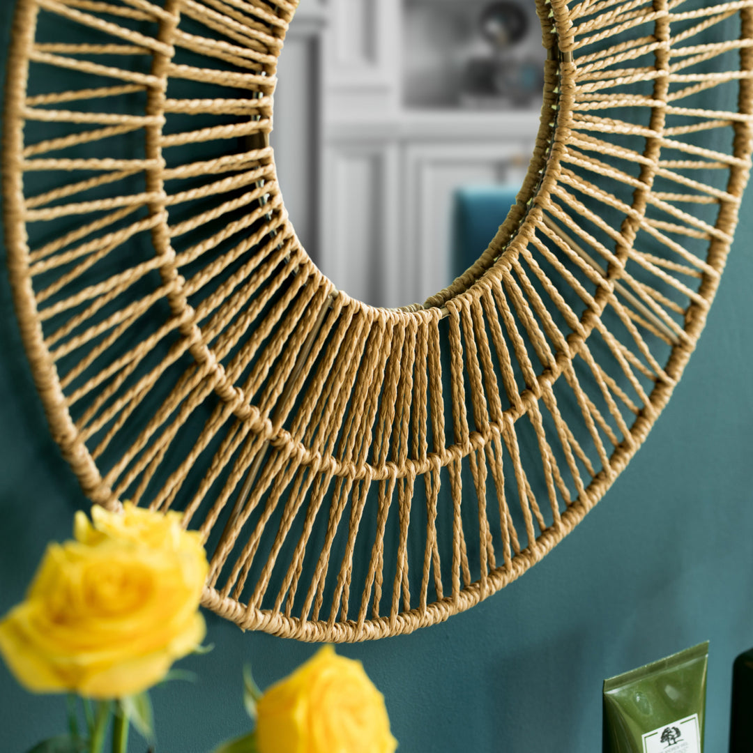 Boho Woven Paper Rope Round Bamboo Wood Hanging Wall Mirror 19" Decor 7.8" Mirror Image 4