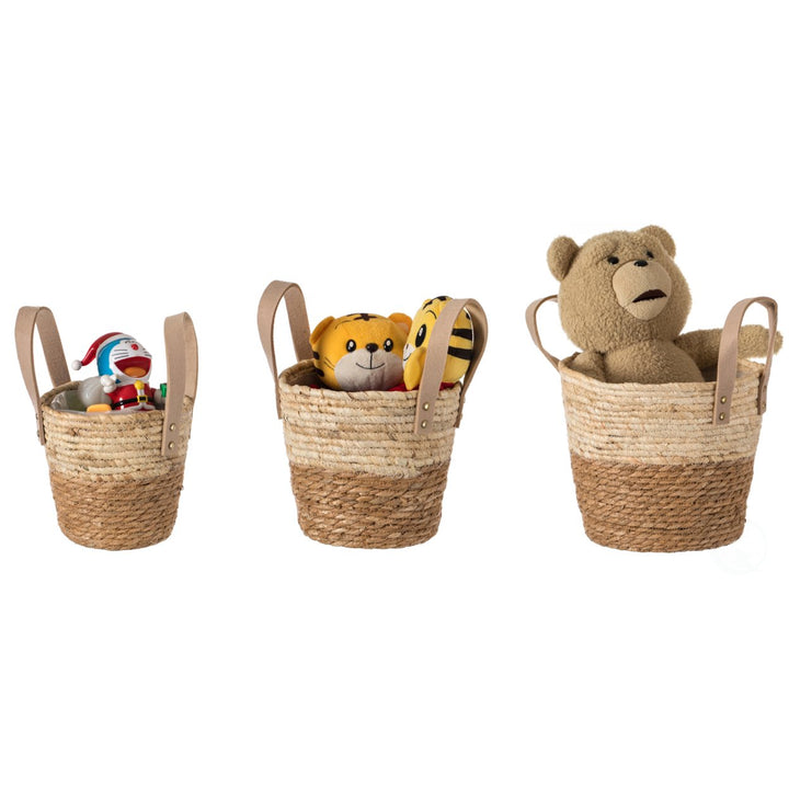 Brown Rope Straw Storage Basket Set of 3 with Handles Home Organization Decor Image 1