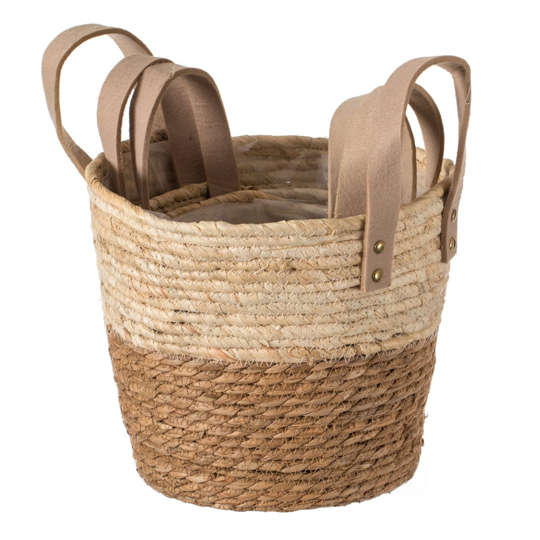 Brown Rope Straw Storage Basket Set of 3 with Handles Home Organization Decor Image 3