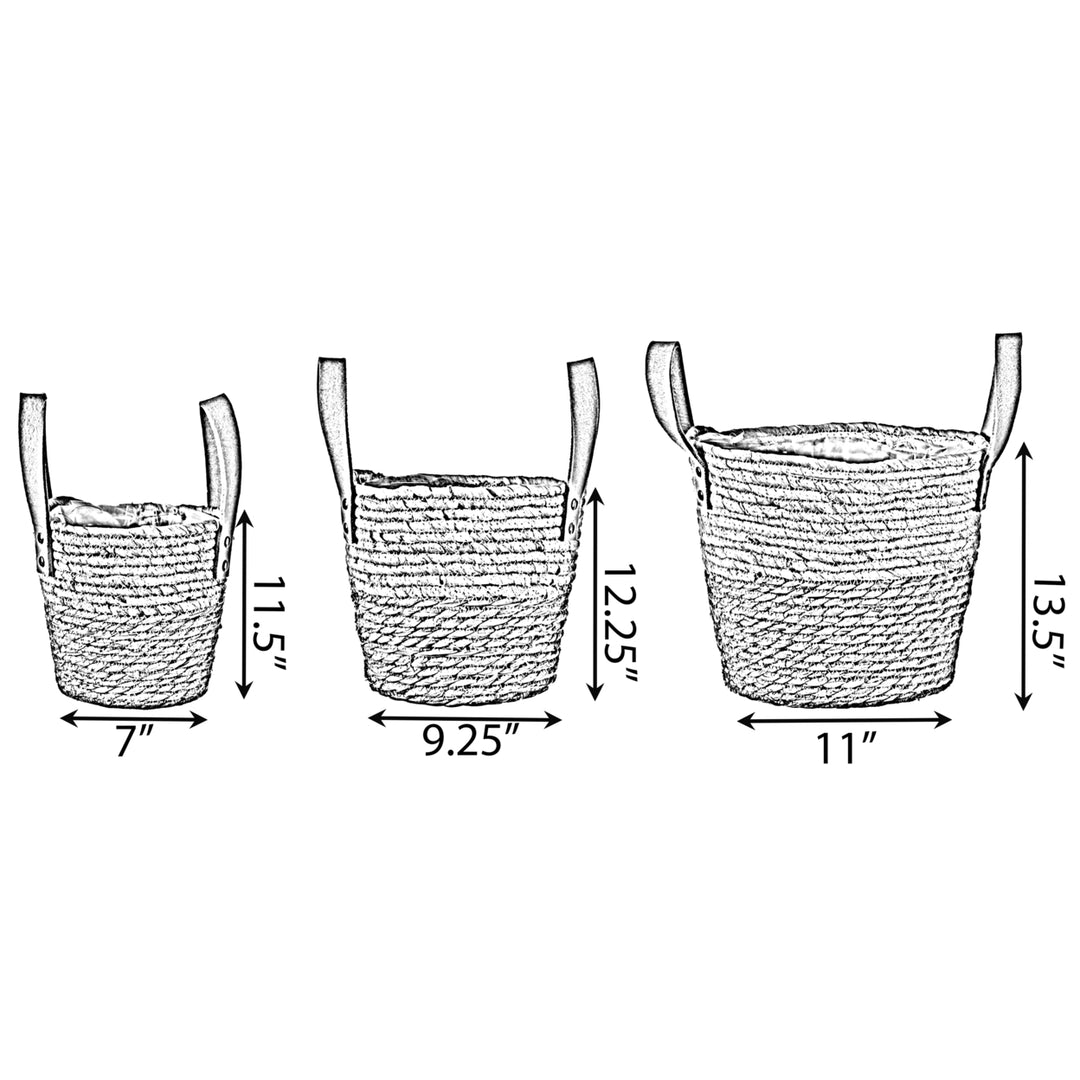 Brown Rope Straw Storage Basket Set of 3 with Handles Home Organization Decor Image 4