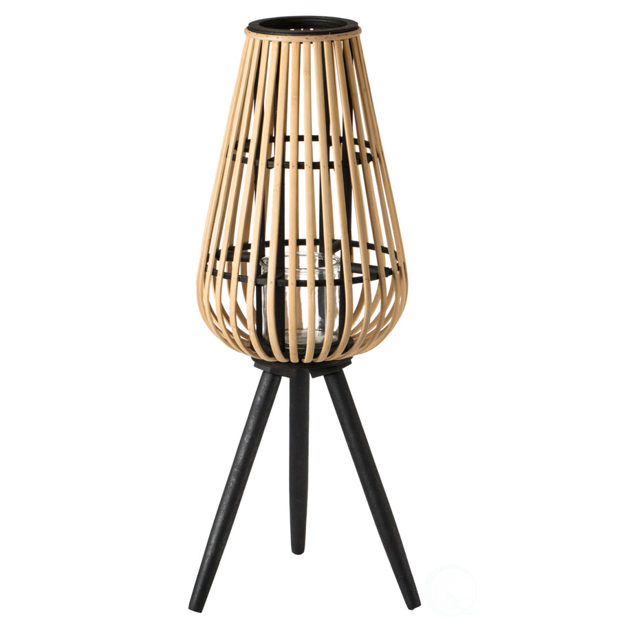 Indoor and Outdoor Modern Natural Bamboo Decorative Lantern with Black Stand and Glass Candle Holder Image 1