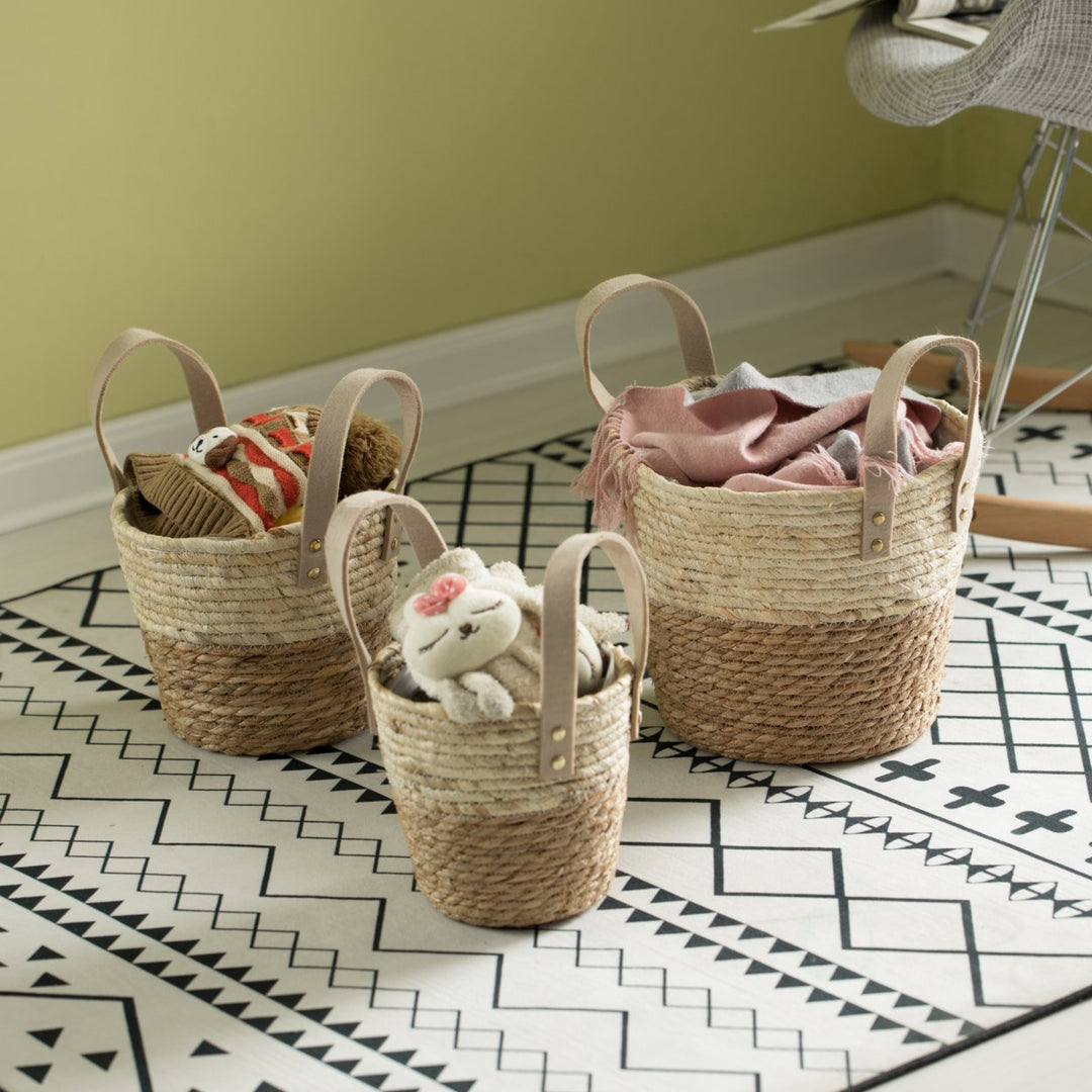 Brown Rope Straw Storage Basket Set of 3 with Handles Home Organization Decor Image 5