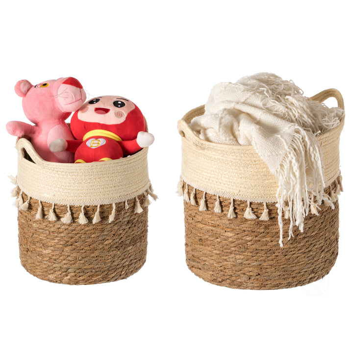 Decorative Round Storage Basket Set of 2 with Woven Handles for the Playroom, Bedroom, and Living Room Image 1