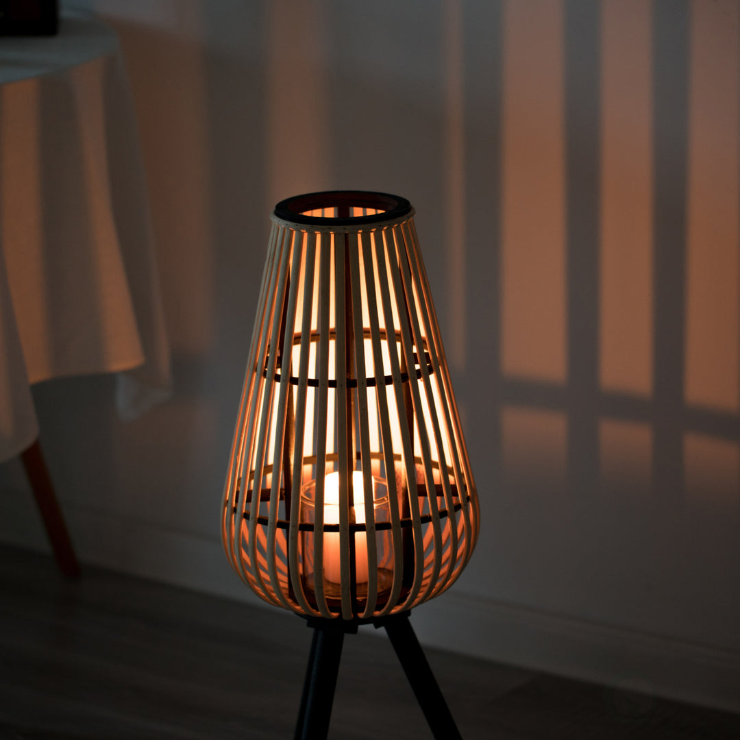 Indoor and Outdoor Modern Natural Bamboo Decorative Lantern with Black Stand and Glass Candle Holder Image 2