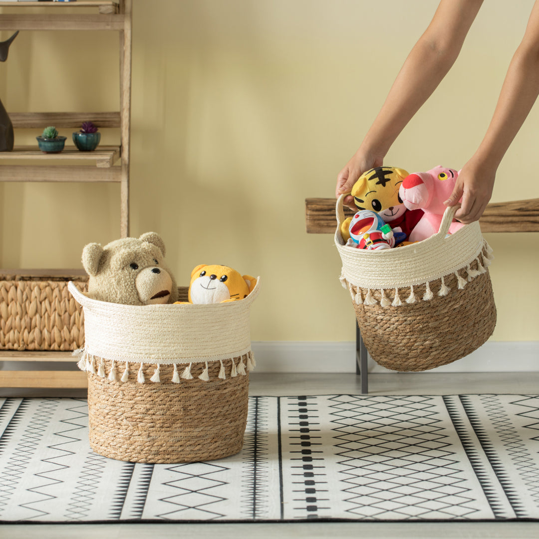 Decorative Round Storage Basket Set of 2 with Woven Handles for the Playroom, Bedroom, and Living Room Image 2