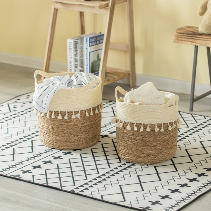 Decorative Round Storage Basket Set of 2 with Woven Handles for the Playroom, Bedroom, and Living Room Image 3