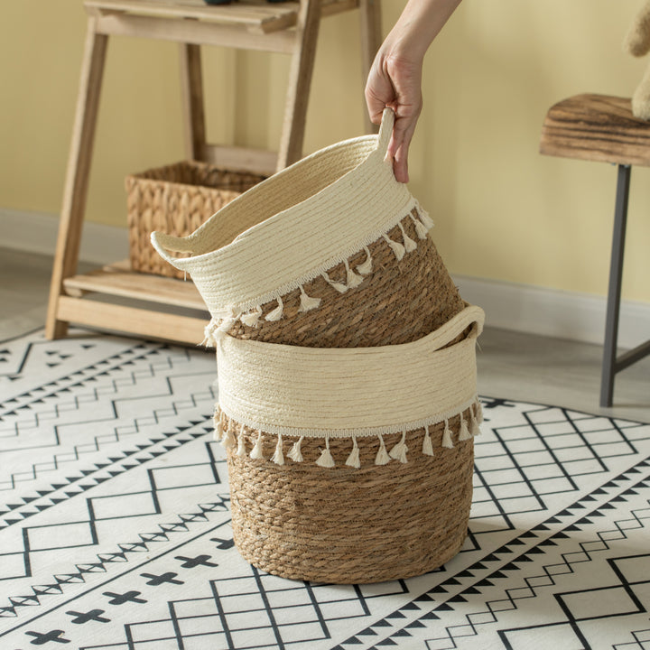 Decorative Round Storage Basket Set of 2 with Woven Handles for the Playroom, Bedroom, and Living Room Image 5