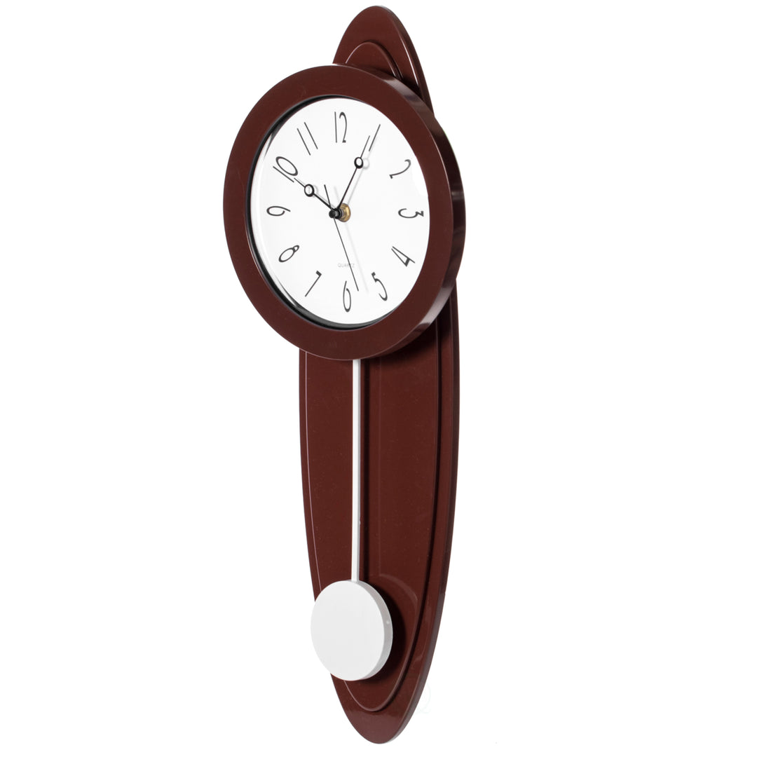 Modern Brown Oval Pendulum Wall Clock 21 Inch Plastic for Living Room Kitchen Image 3