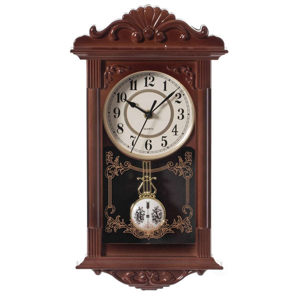 Vintage Grandfather Wood- Looking Plastic Pendulum Wall Clock for Living Room, Kitchen, or Dining Room Image 2