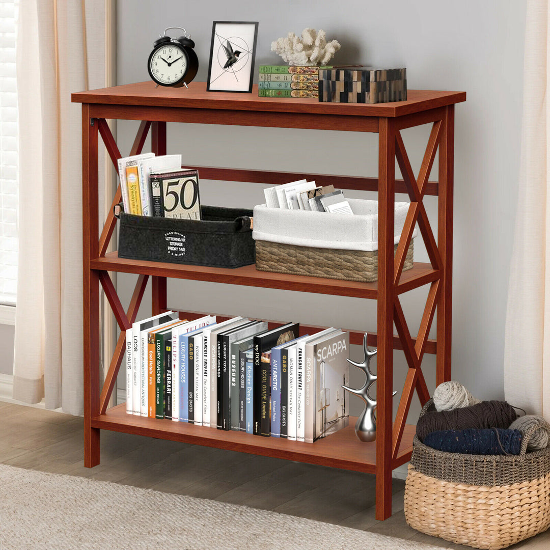 Wooden Shelf 3-Tier Open Bookcase Shelf W/X-Design Freestanding Rack Natural Image 1