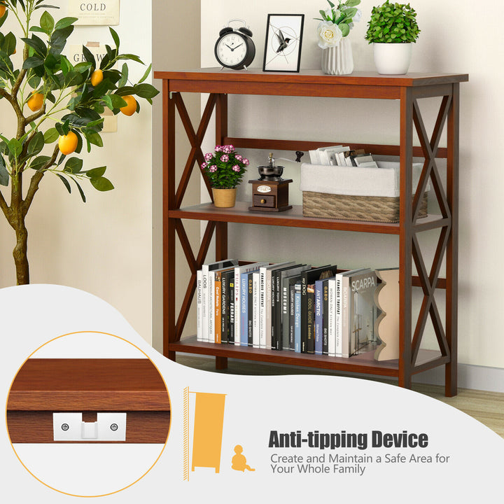 Wooden Shelf 3-Tier Open Bookcase Shelf W/X-Design Freestanding Rack Natural Image 2